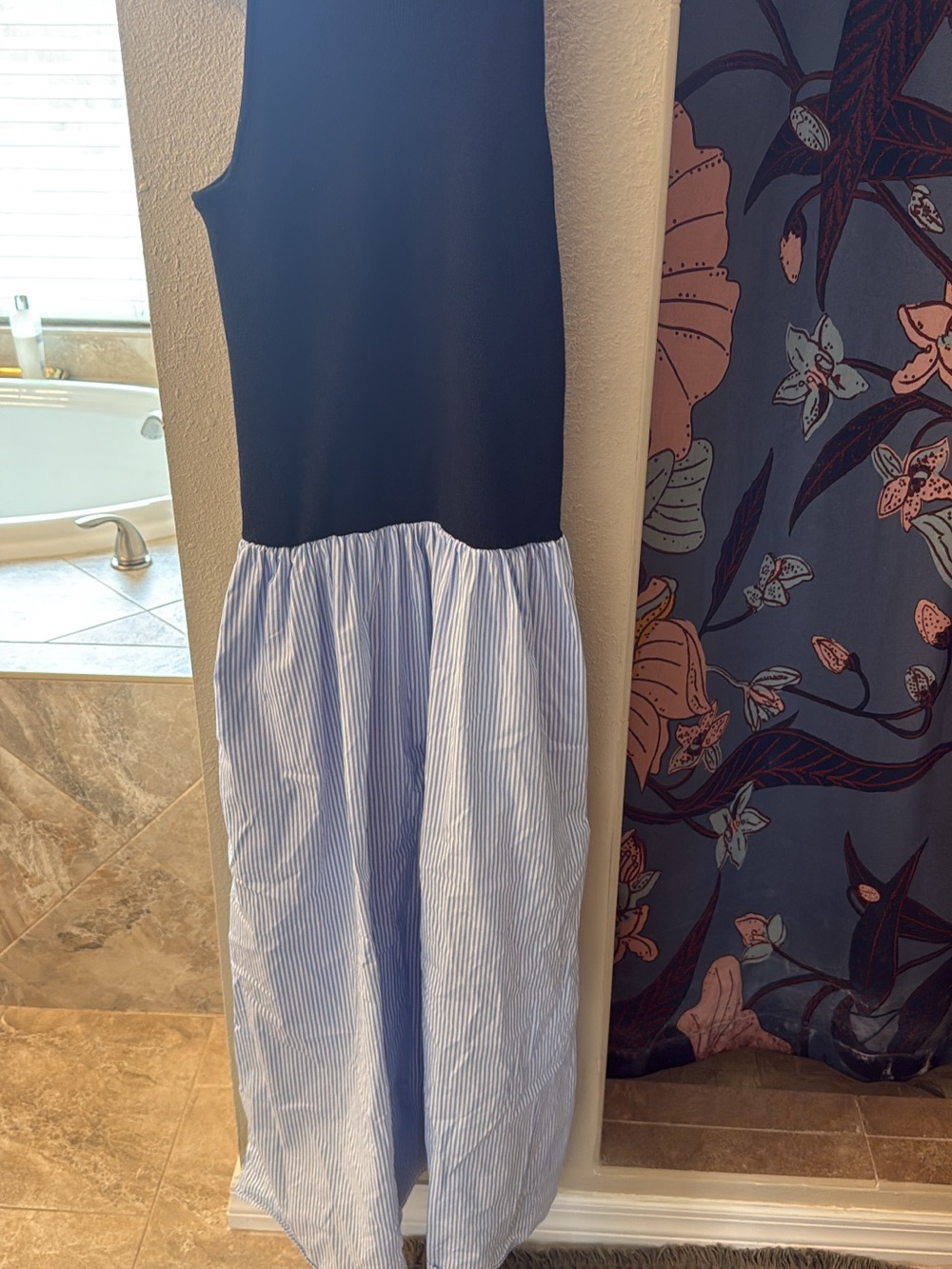 NAADAM Navy Bodice with Light Blue and White Striped Maxi Skirt